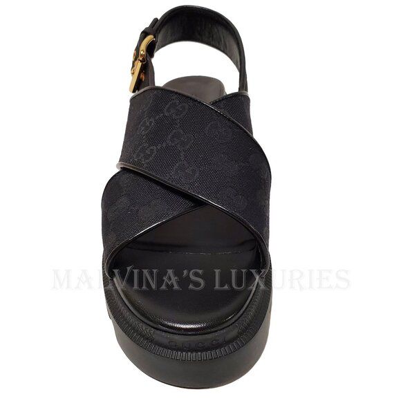 GUCCI SHOES BLACK GG SUPREME CANVAS CHUNKY LUG SOLE SANDALS - Picture 6 of 15